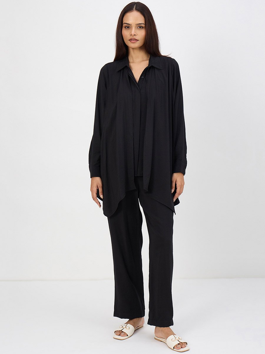 Women Black Asymmetric Top with Trousers Co-Ords
