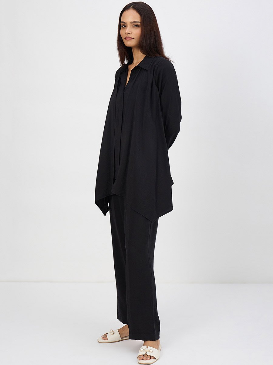 Women Black Asymmetric Top with Trousers Co-Ords