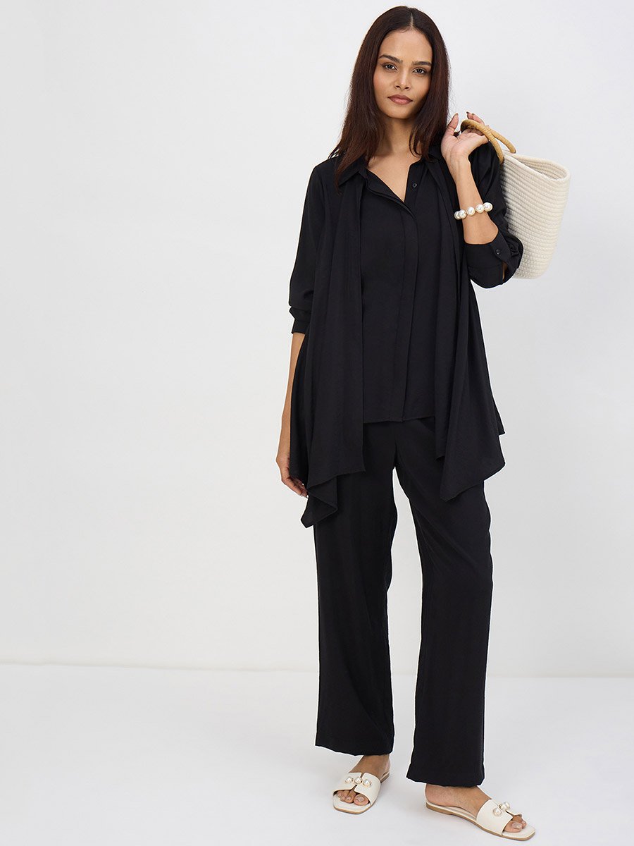 Women Black Asymmetric Top with Trousers Co-Ords
