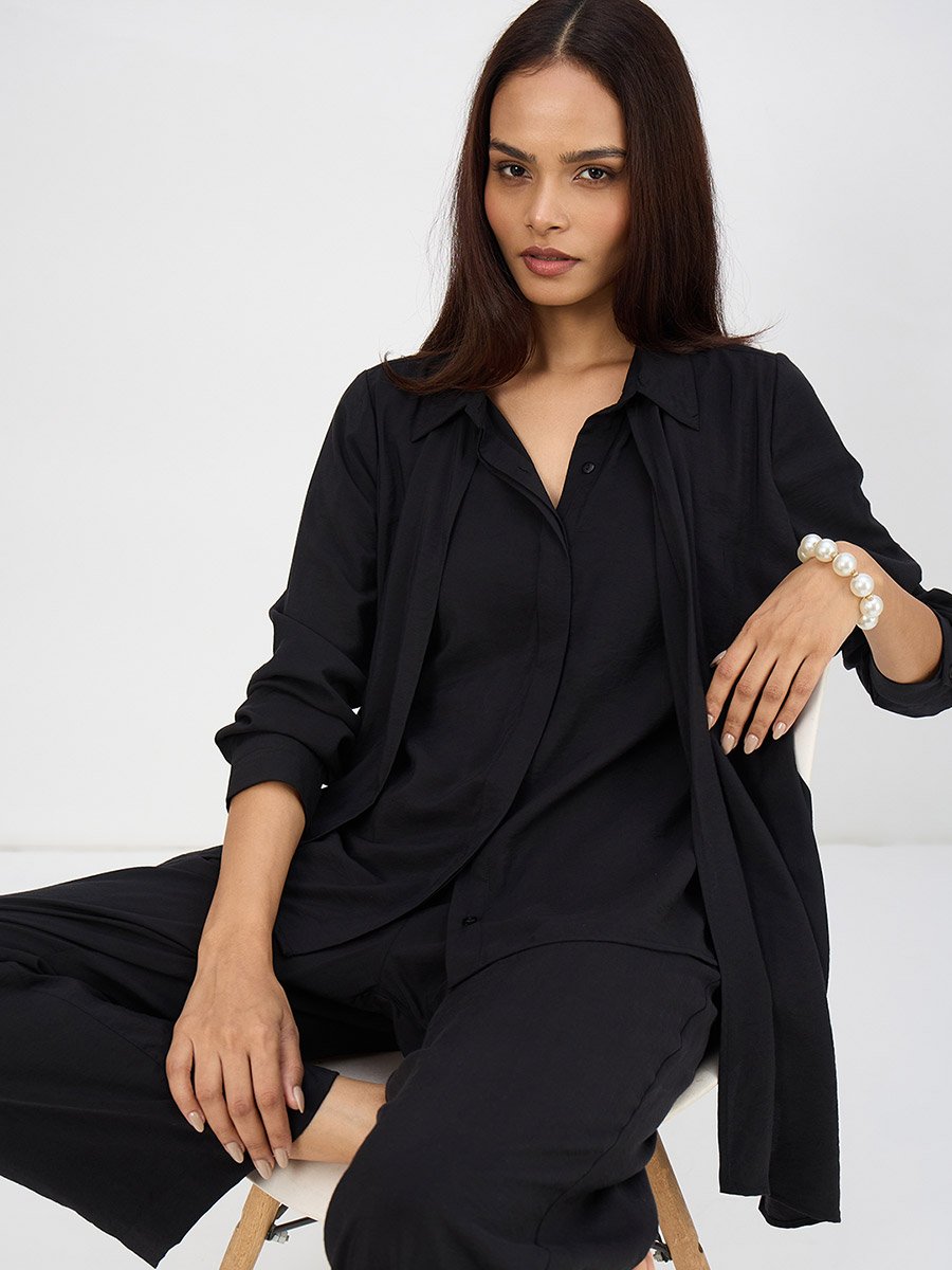 Women Black Asymmetric Top with Trousers Co-Ords