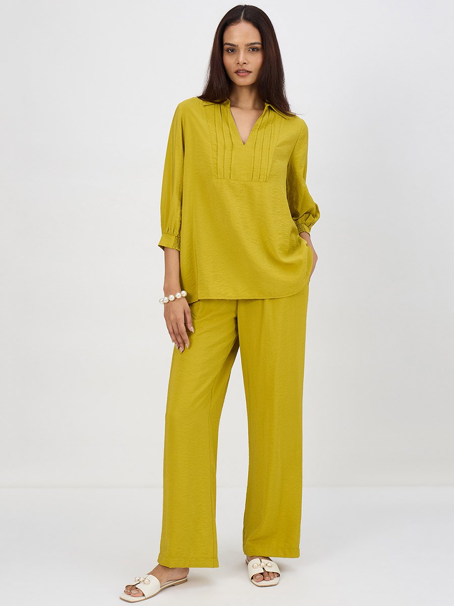 Women Green Pleat Detail Top with Trousers Co-Ords