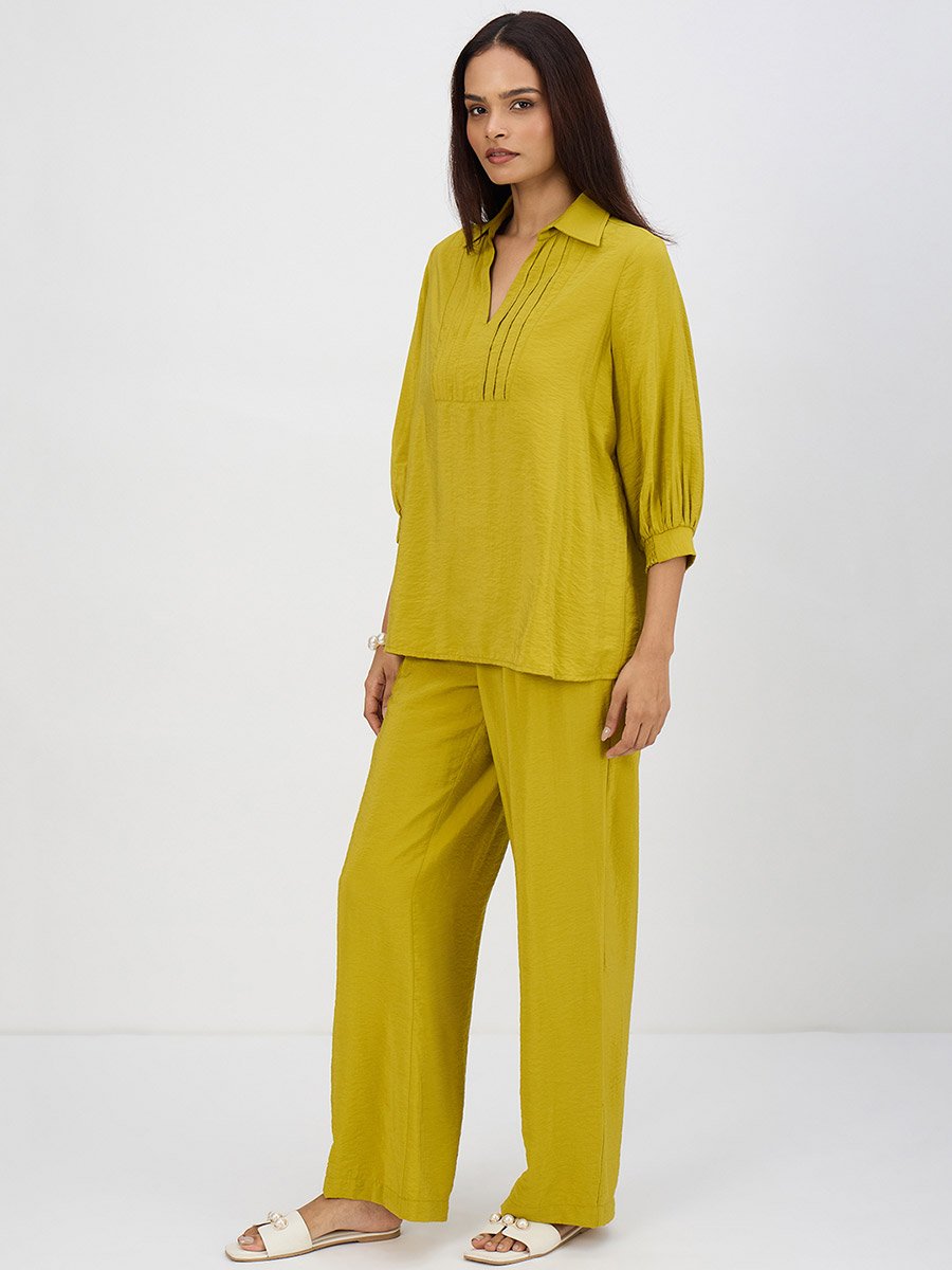 Women Green Pleat Detail Top with Trousers Co-Ords