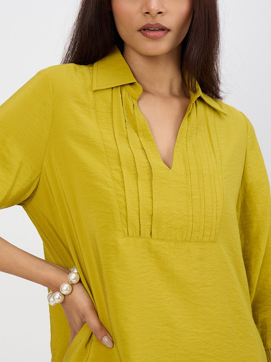 Women Green Pleat Detail Top with Trousers Co-Ords