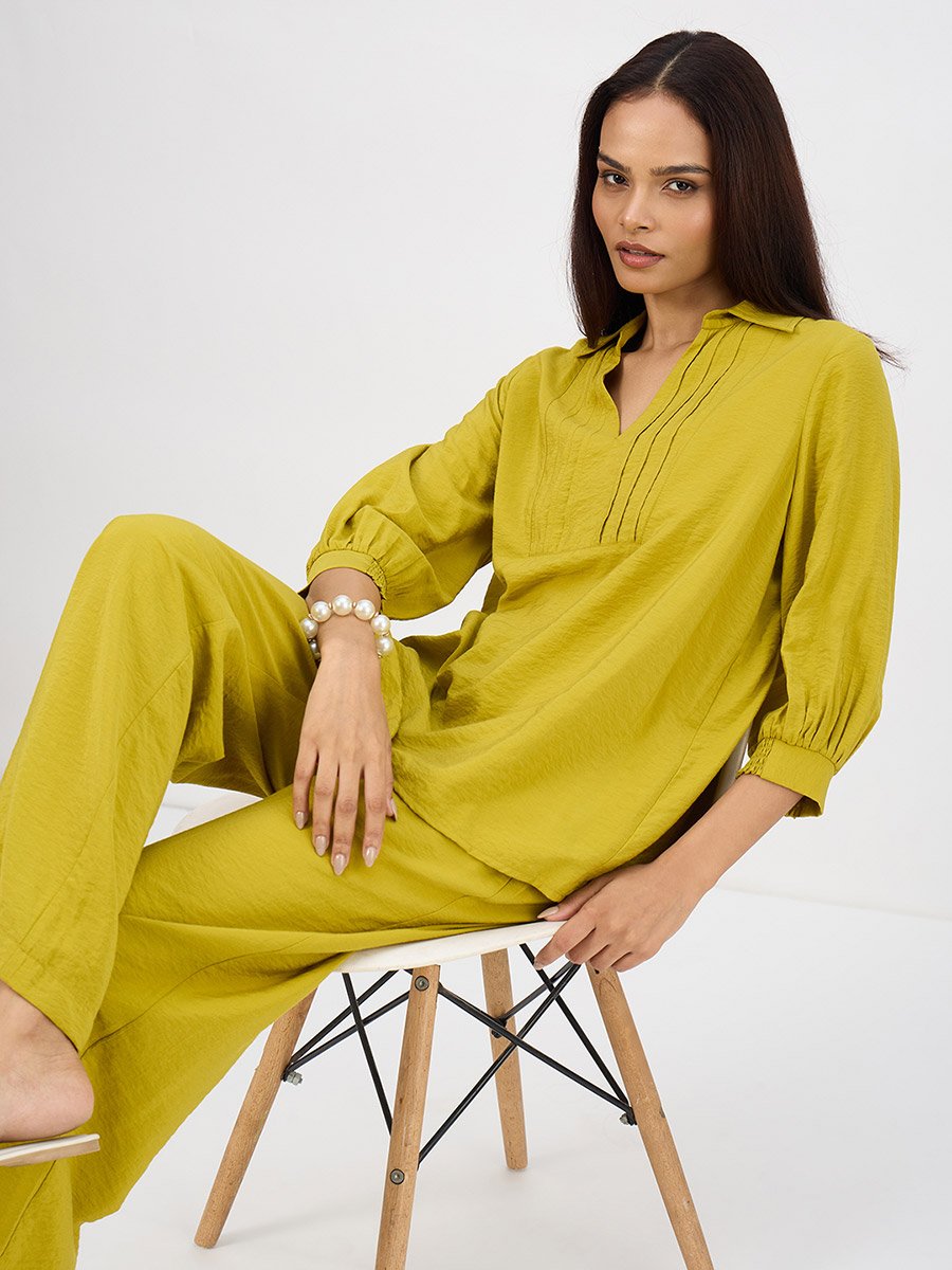 Women Green Pleat Detail Top with Trousers Co-Ords
