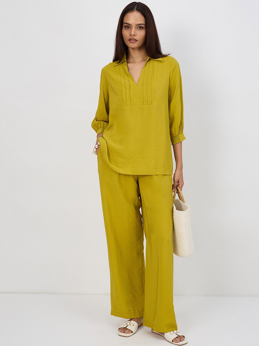 Women Green Pleat Detail Top with Trousers Co-Ords