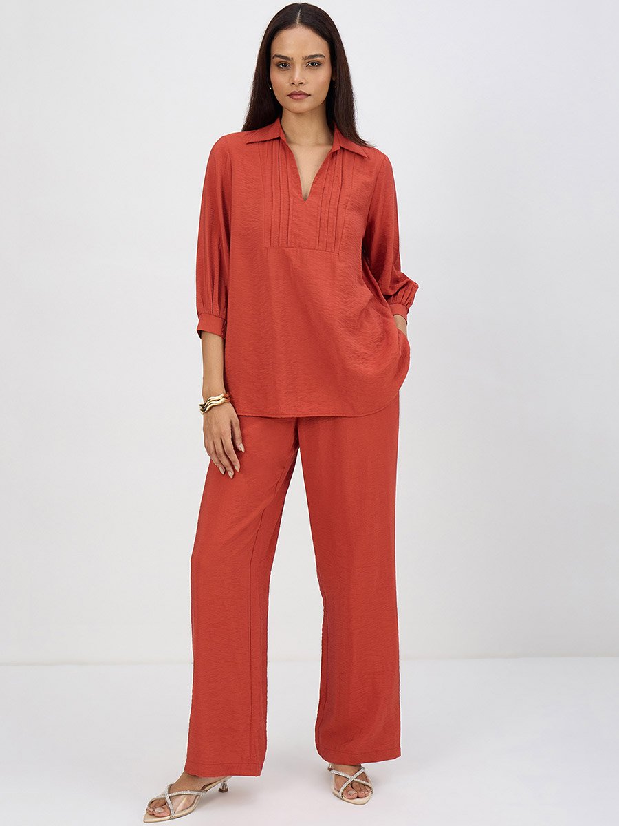 Women Rust Pleat Detail Top with Trousers Co-Ords
