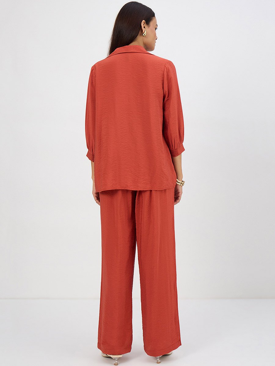 Women Rust Pleat Detail Top with Trousers Co-Ords