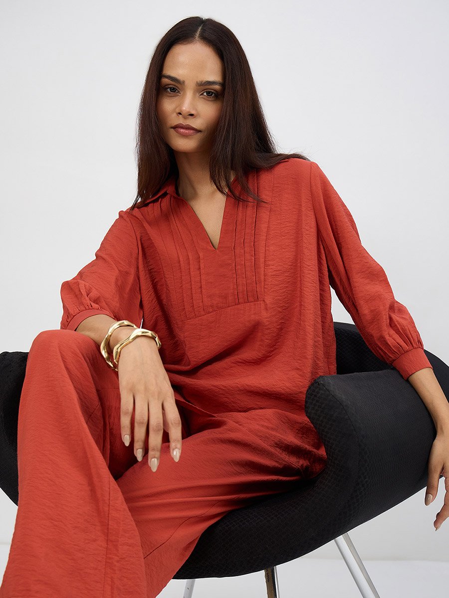 Women Rust Pleat Detail Top with Trousers Co-Ords