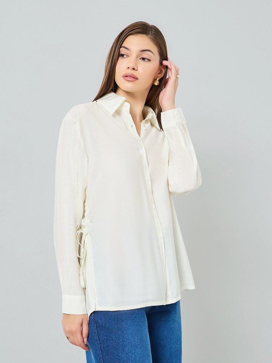 Women Off White Sheer Shirt with Side Tie Detail