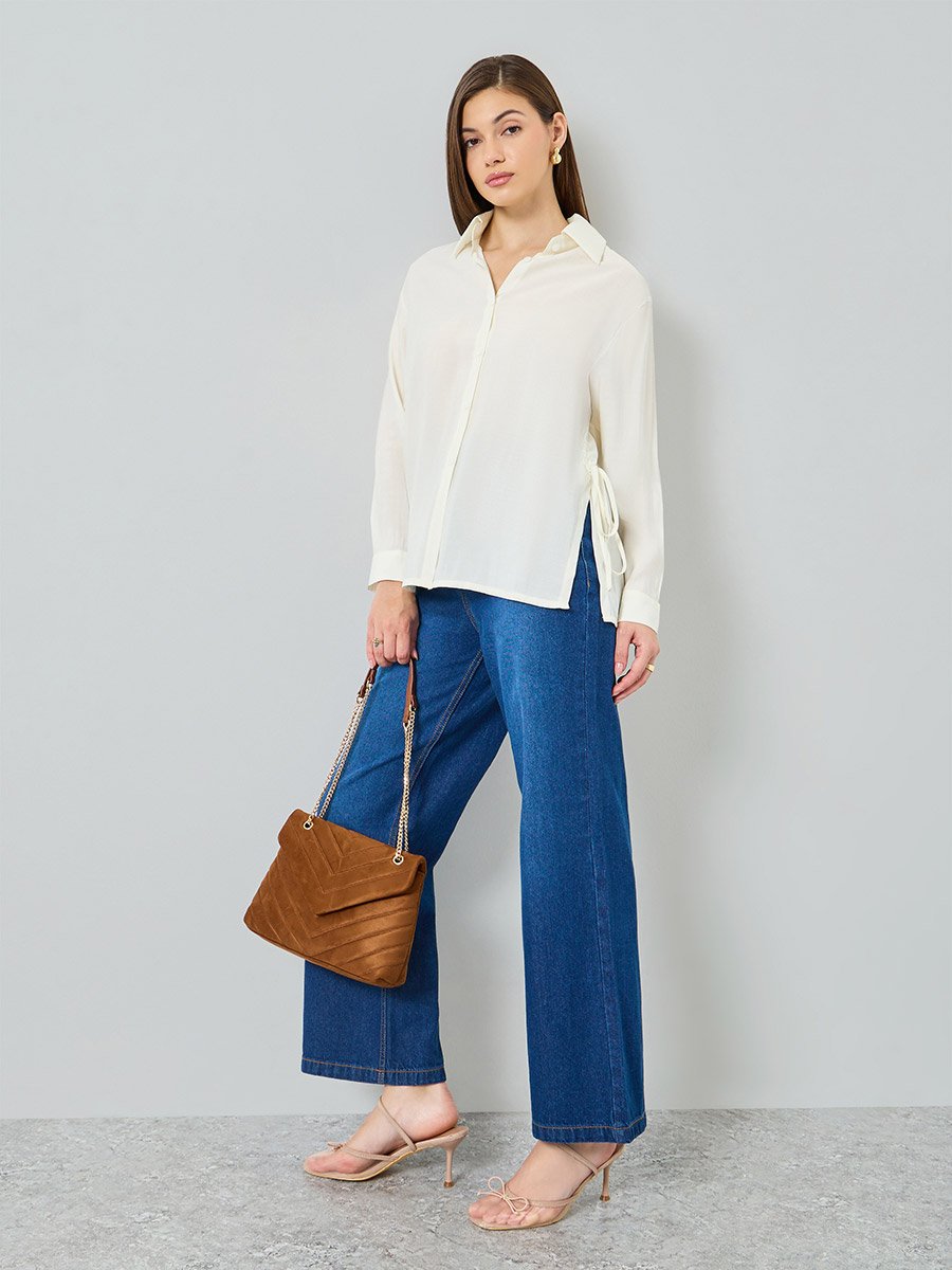 Women Off White Sheer Shirt with Side Tie Detail