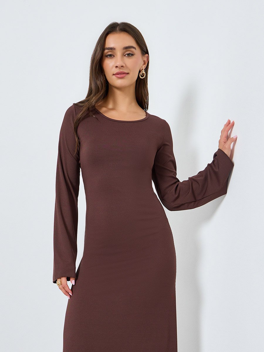 Women Brown Round Neck Bodycon Maxi Dress