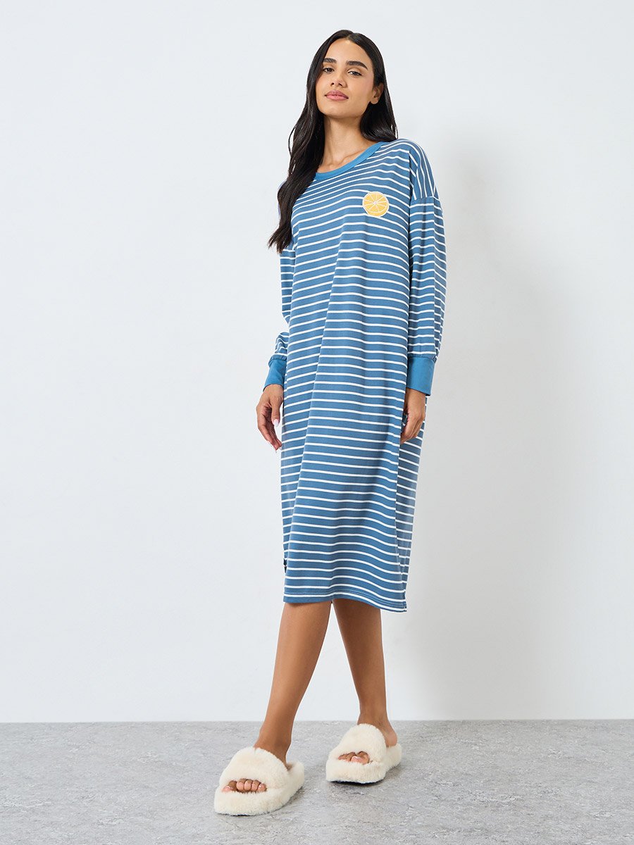Striped Long Sleeve Sleep Dress with Flower Applique