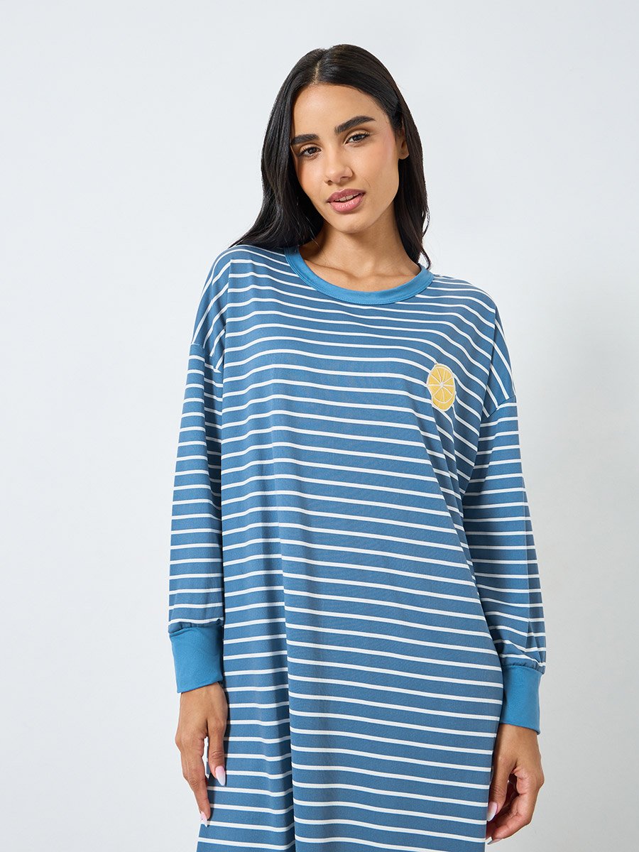Striped Long Sleeve Sleep Dress with Flower Applique