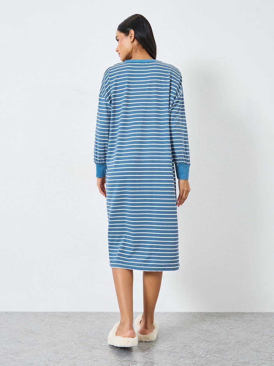 Striped Long Sleeve Sleep Dress with Flower Applique