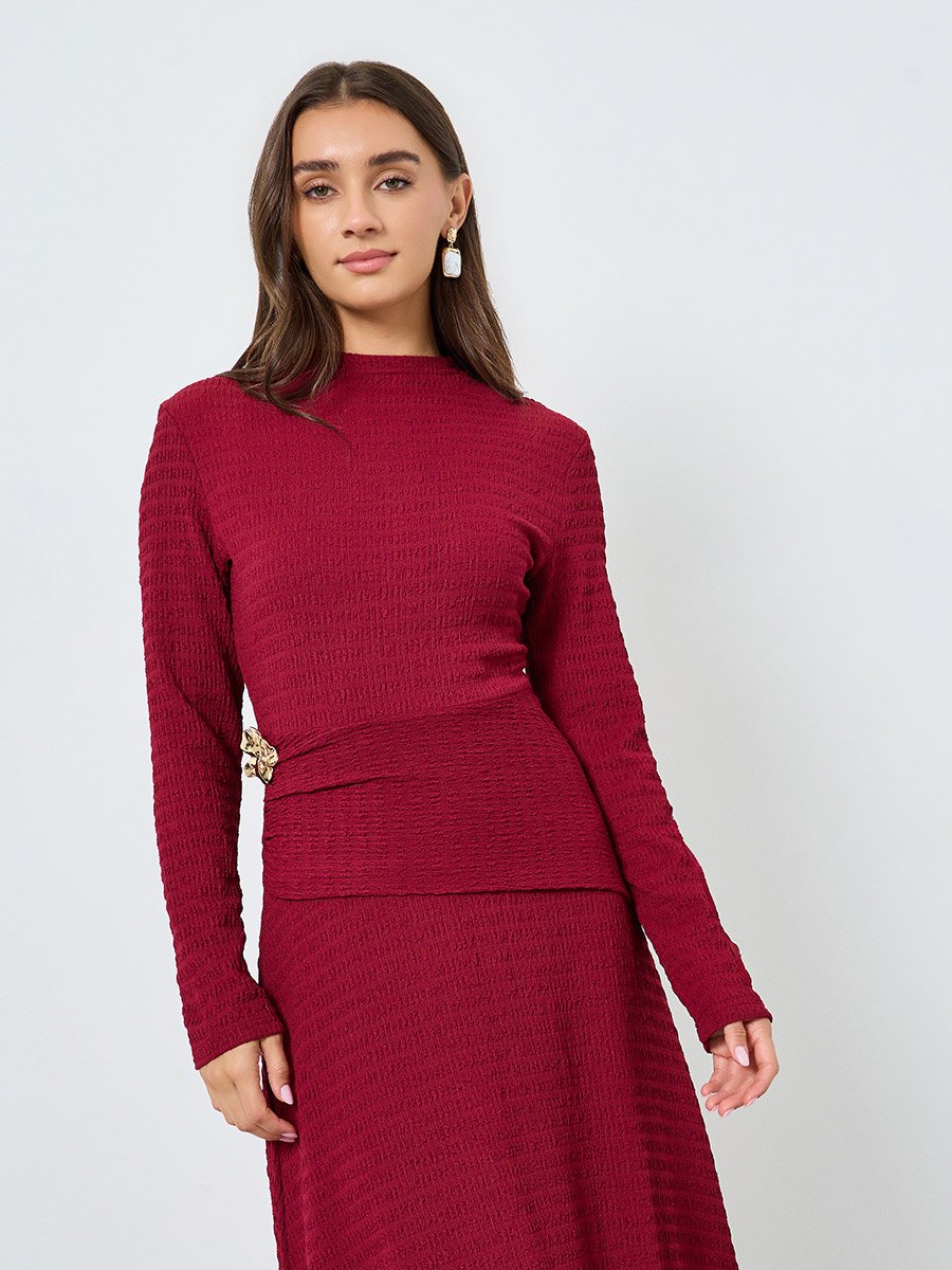 Women Burgundy Texture Knitted Maxi Dress