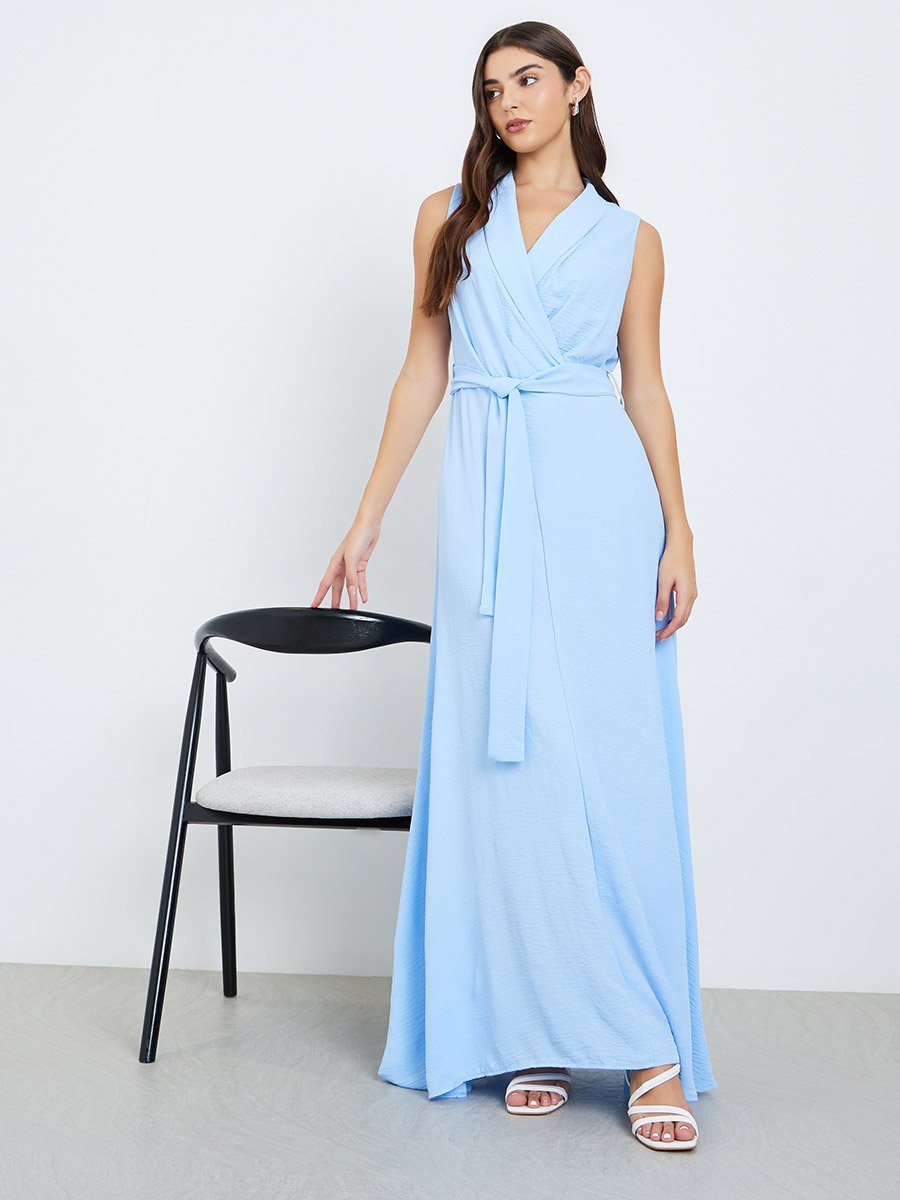 Women Blue Sleeveless Blazer Maxi Dress