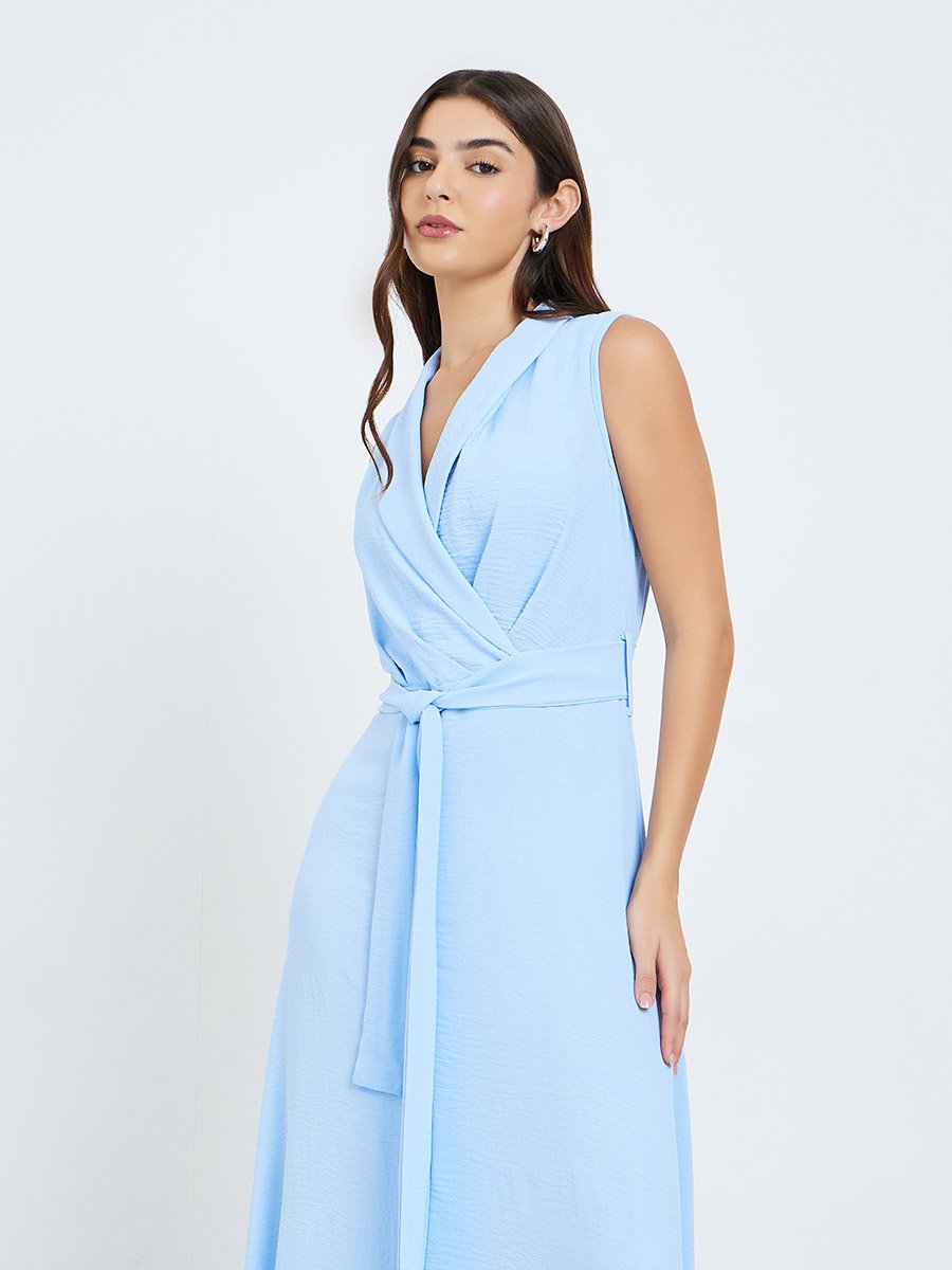 Women Blue Sleeveless Blazer Maxi Dress