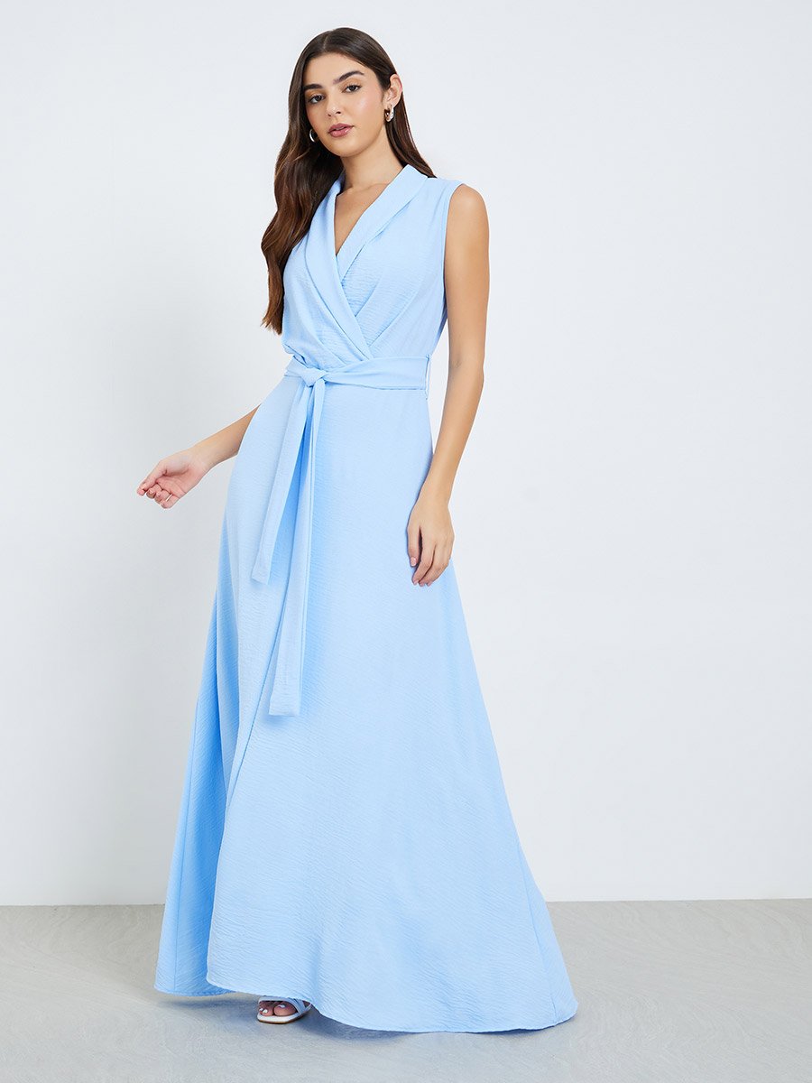 Women Blue Sleeveless Blazer Maxi Dress