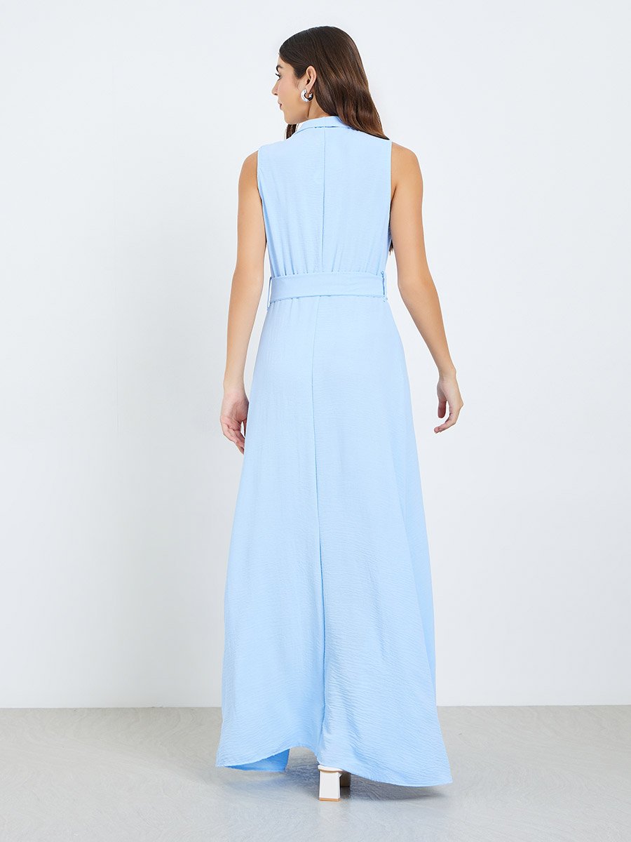 Women Blue Sleeveless Blazer Maxi Dress