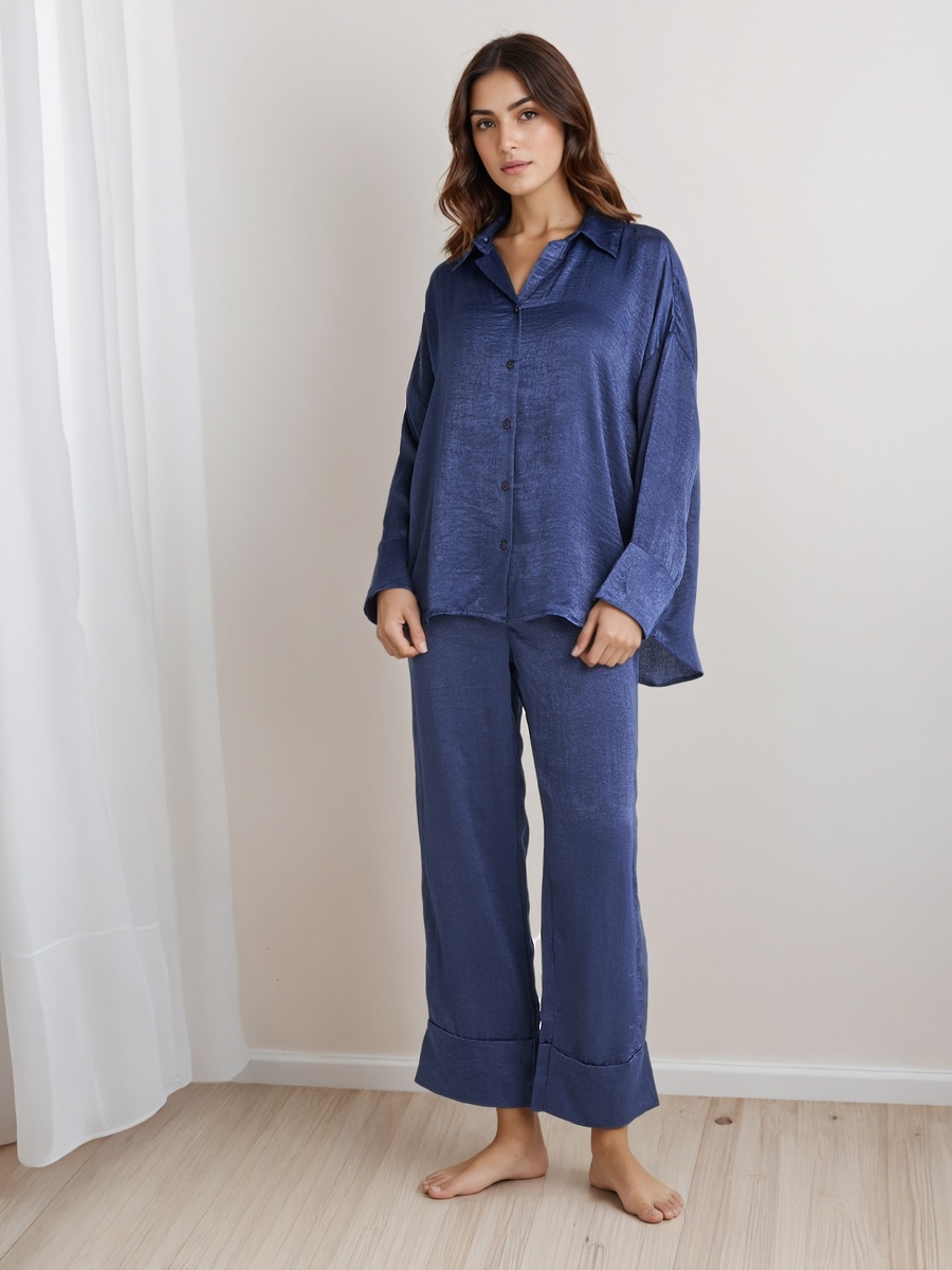 Polyester Collared Shirt and Pyjama Pants Set