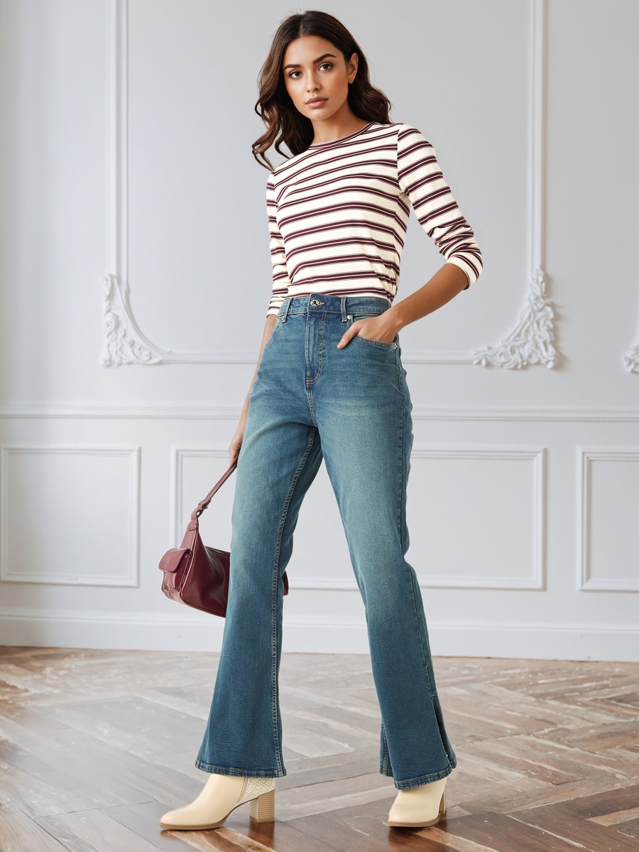 Flared High-Rise Cotton Jeans with Slits