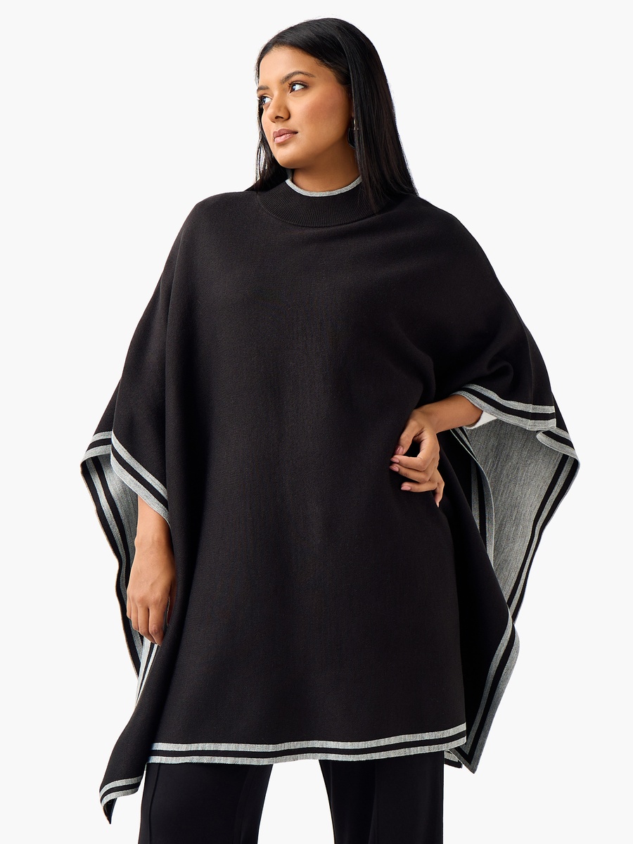 Relaxed Fit Contrast Border High Neck Poncho