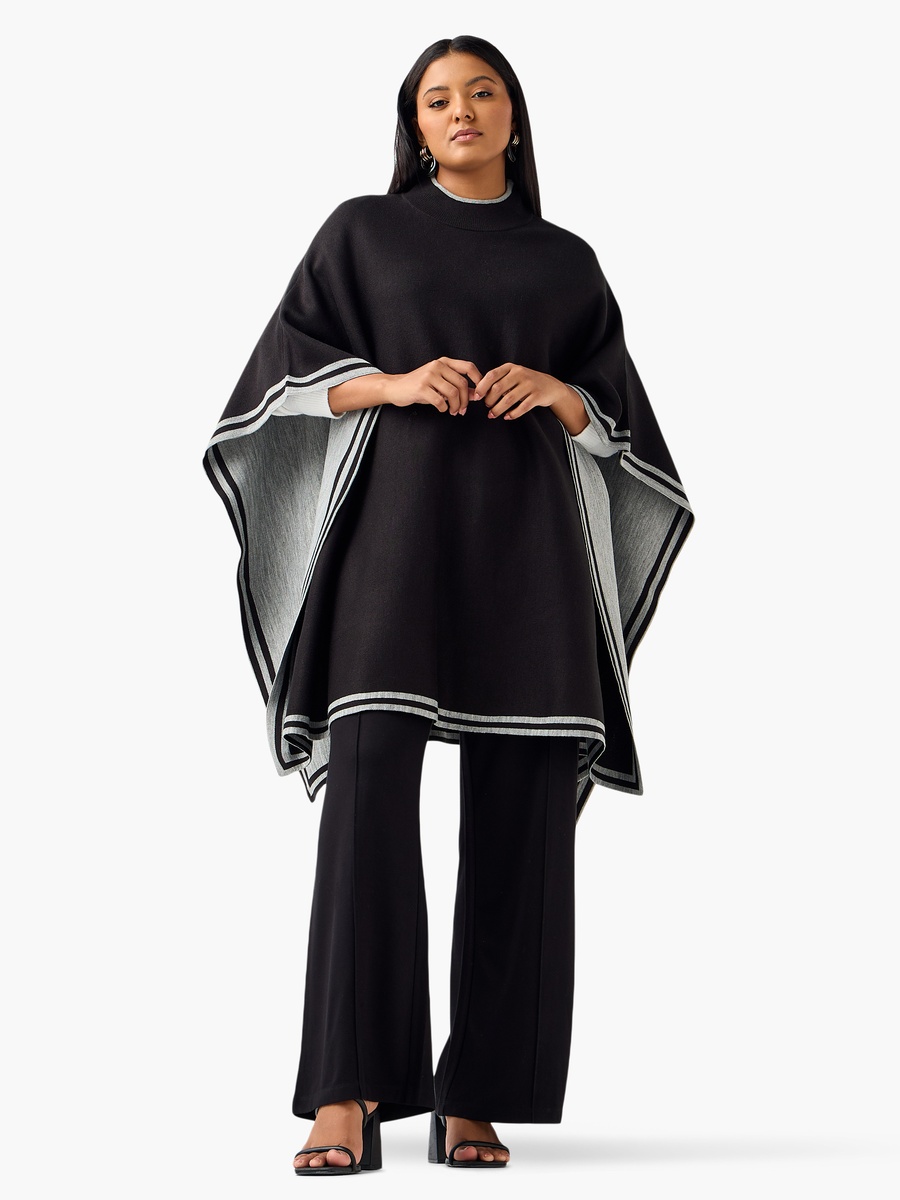 Relaxed Fit Contrast Border High Neck Poncho