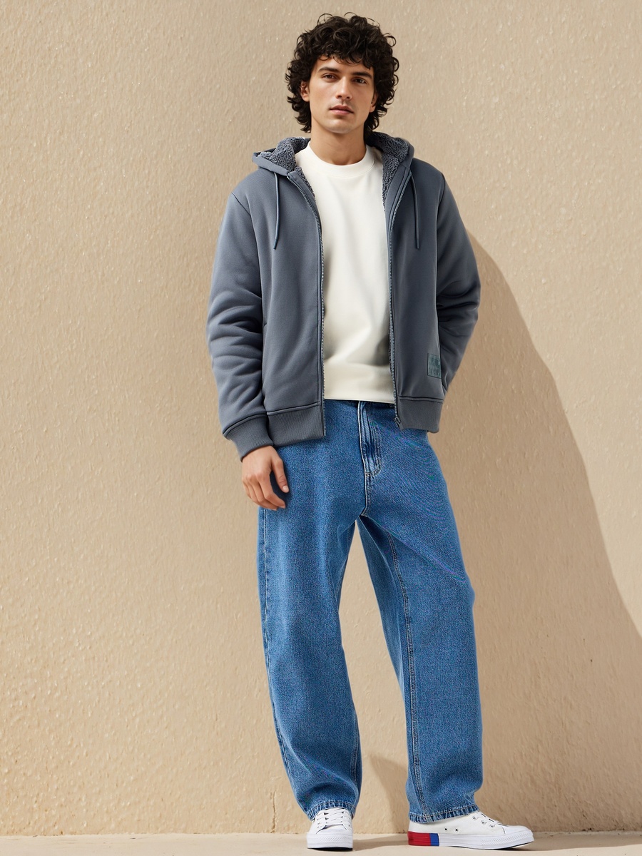 Men Sherpa Zip Through Hooded Jacket