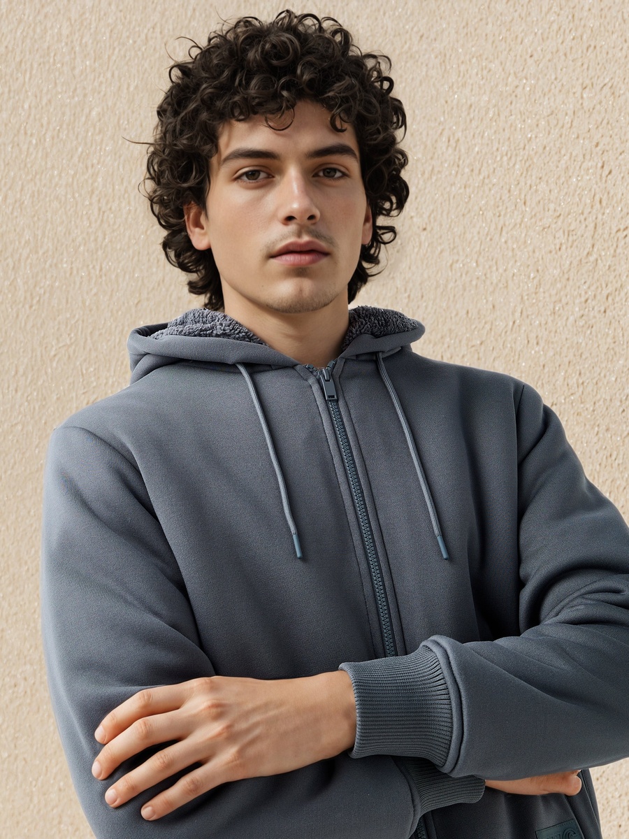 Men Sherpa Zip Through Hooded Jacket