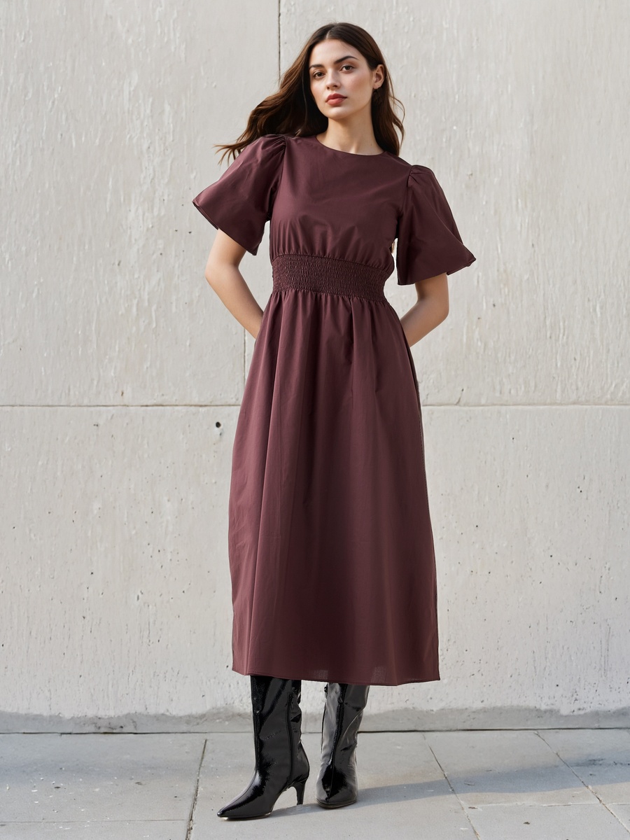 Shirred A-Line Midi Cotton Dress with Balloon Sleeves