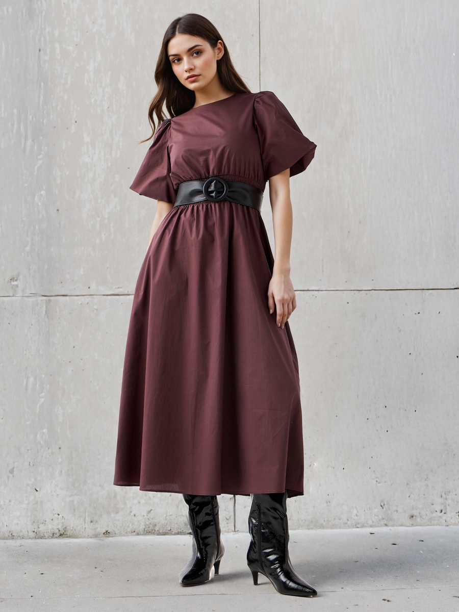 Shirred A-Line Midi Cotton Dress with Balloon Sleeves