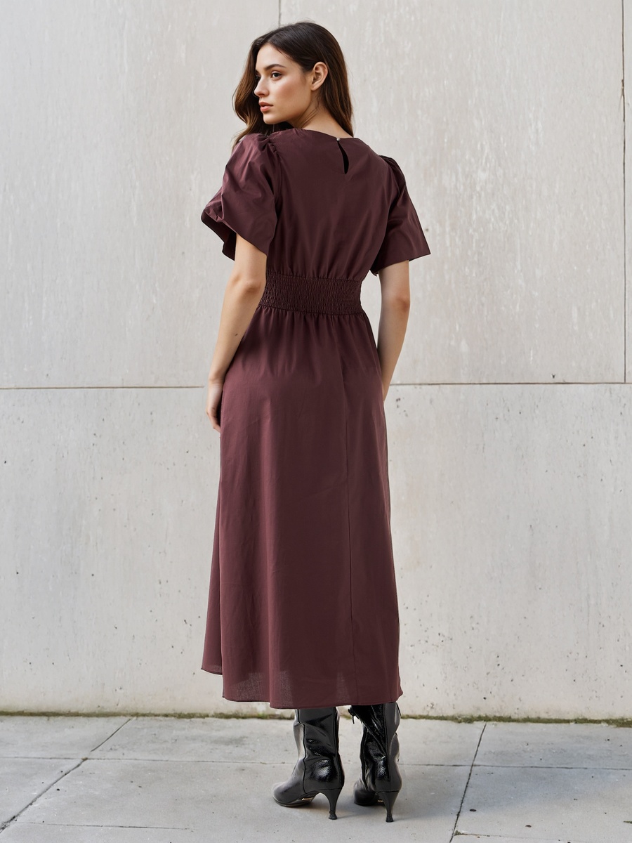 Shirred A-Line Midi Cotton Dress with Balloon Sleeves