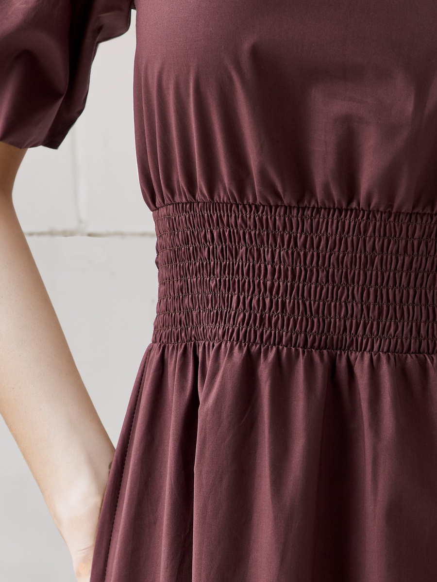 Shirred A-Line Midi Cotton Dress with Balloon Sleeves