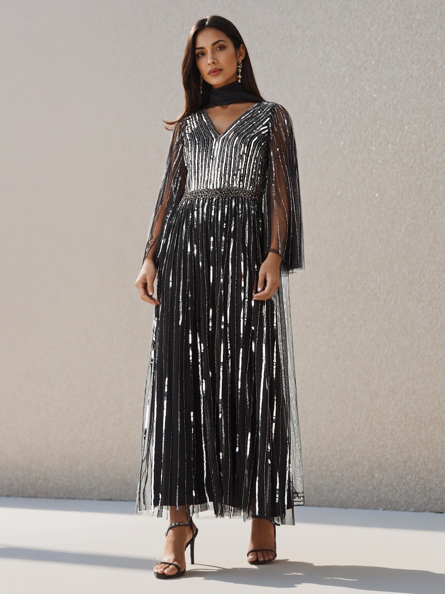 Sequin Embellished Fit and Flare Dress with V Neck For Default Category at  UAE | Styli