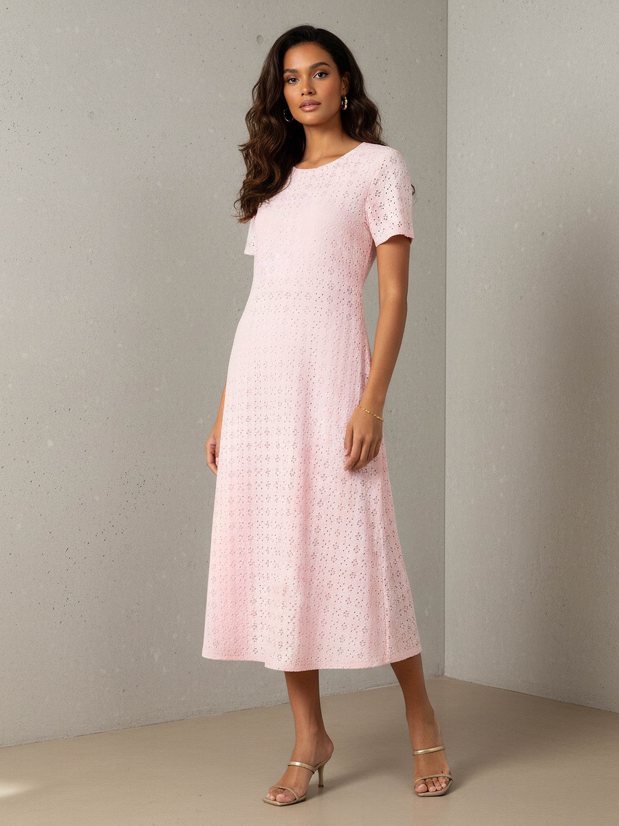 Schiffli A-Line Midi Dress with Keyhole Back Closure