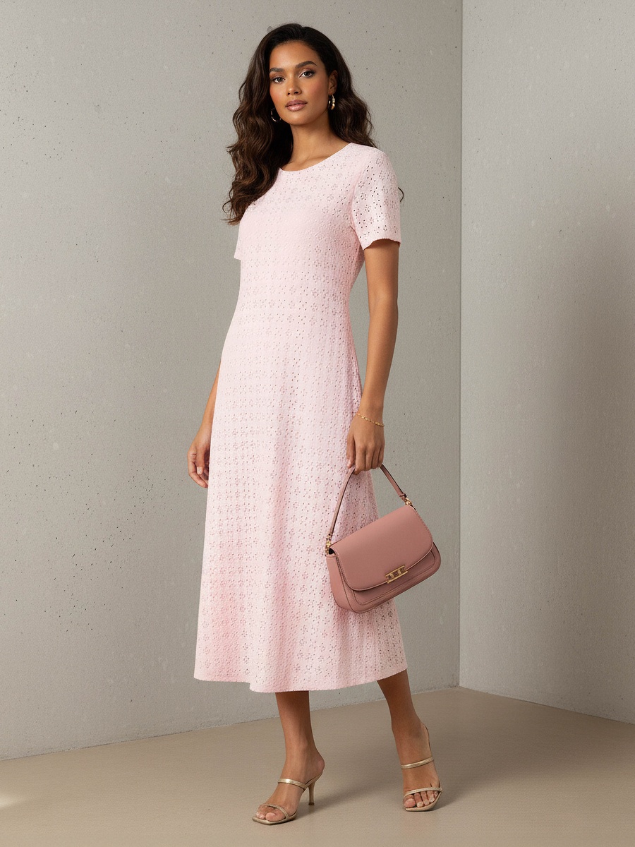 Schiffli A-Line Midi Dress with Keyhole Back Closure