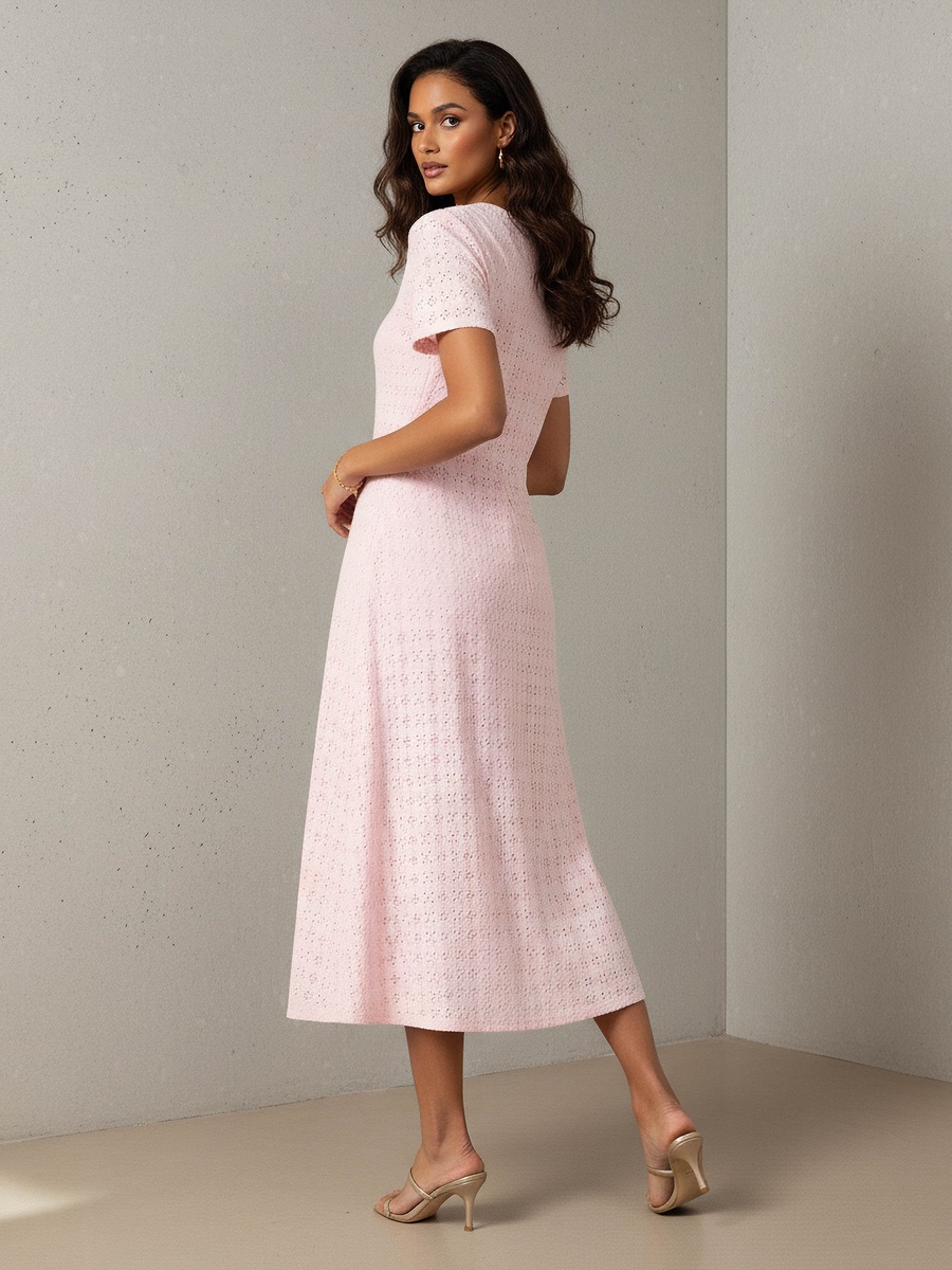 Schiffli A-Line Midi Dress with Keyhole Back Closure