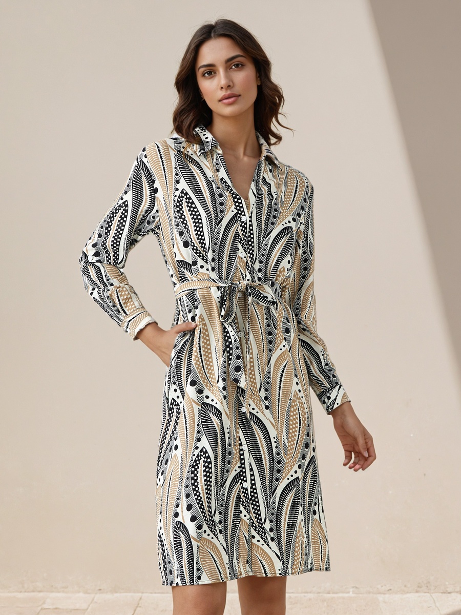 Printed Knee Length Shirt Belted Dress