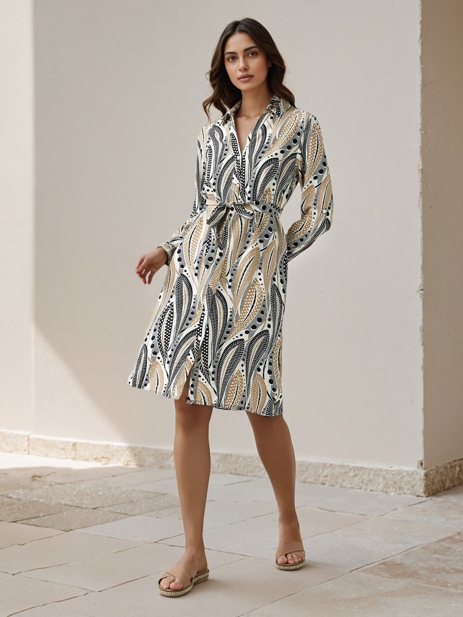 Printed Knee Length Shirt Belted Dress