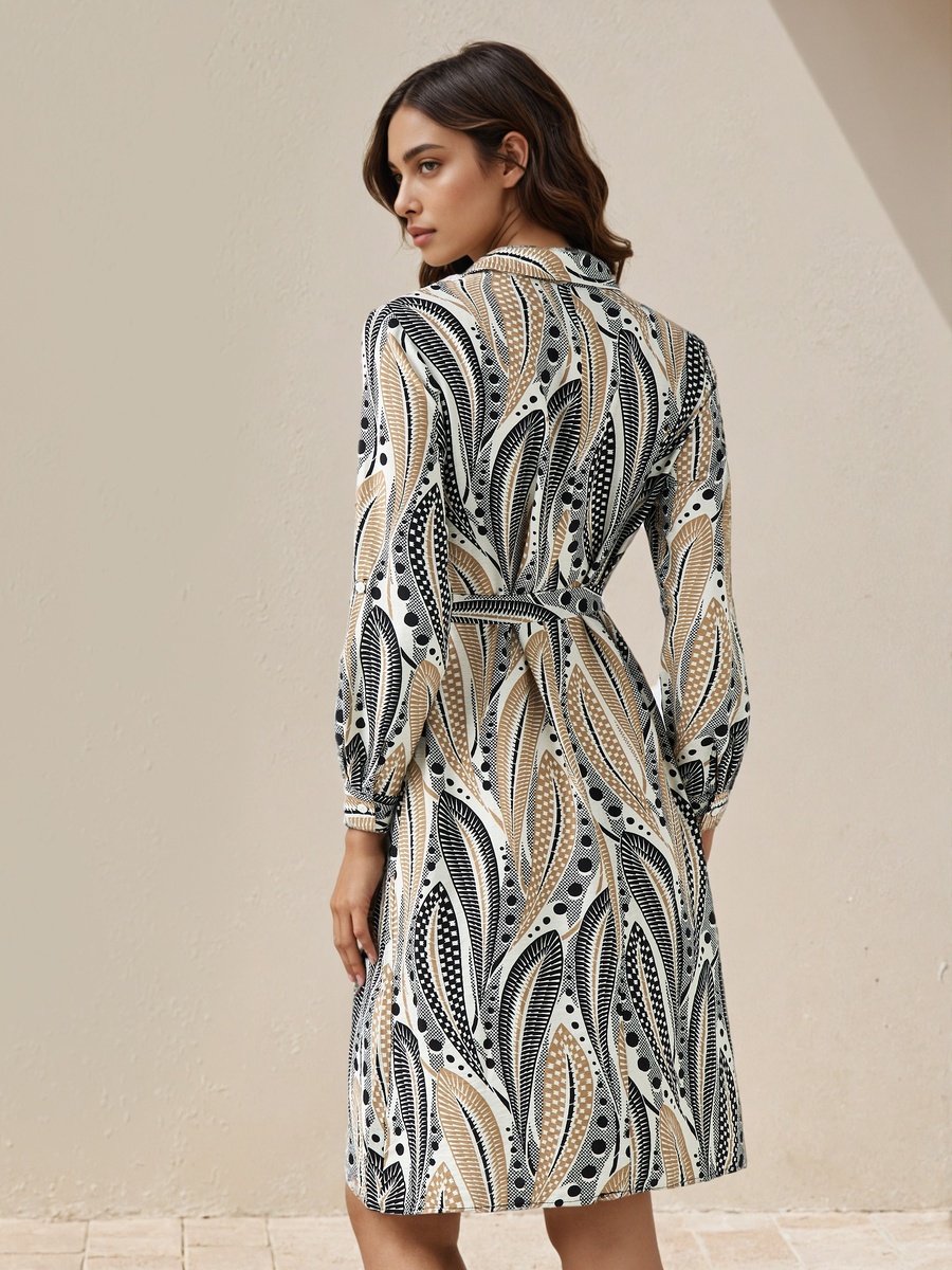 Printed Knee Length Shirt Belted Dress