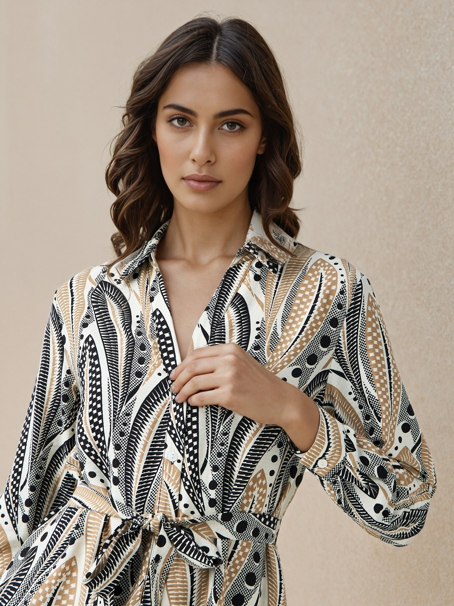 Printed Knee Length Shirt Belted Dress