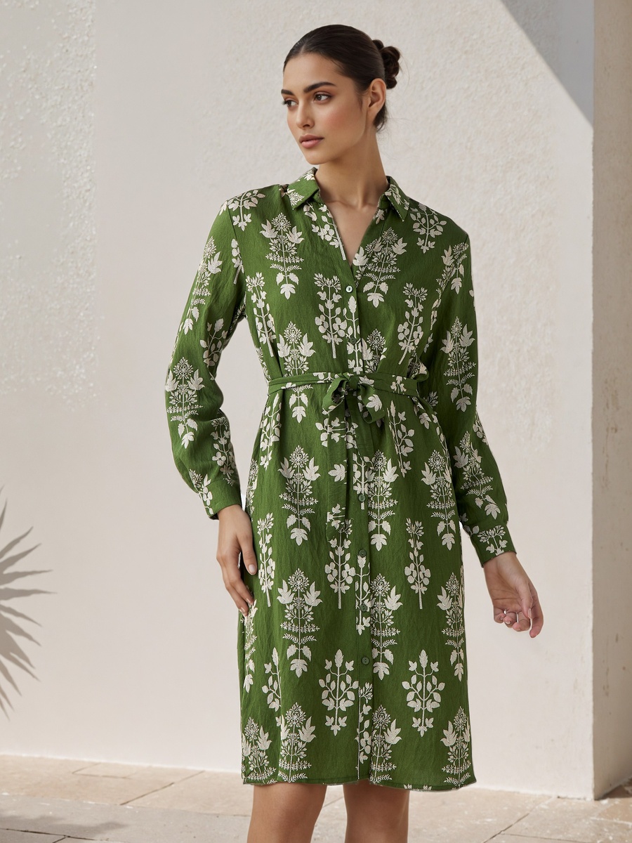 Knee Length Shirt Belted Dress with Floral Print