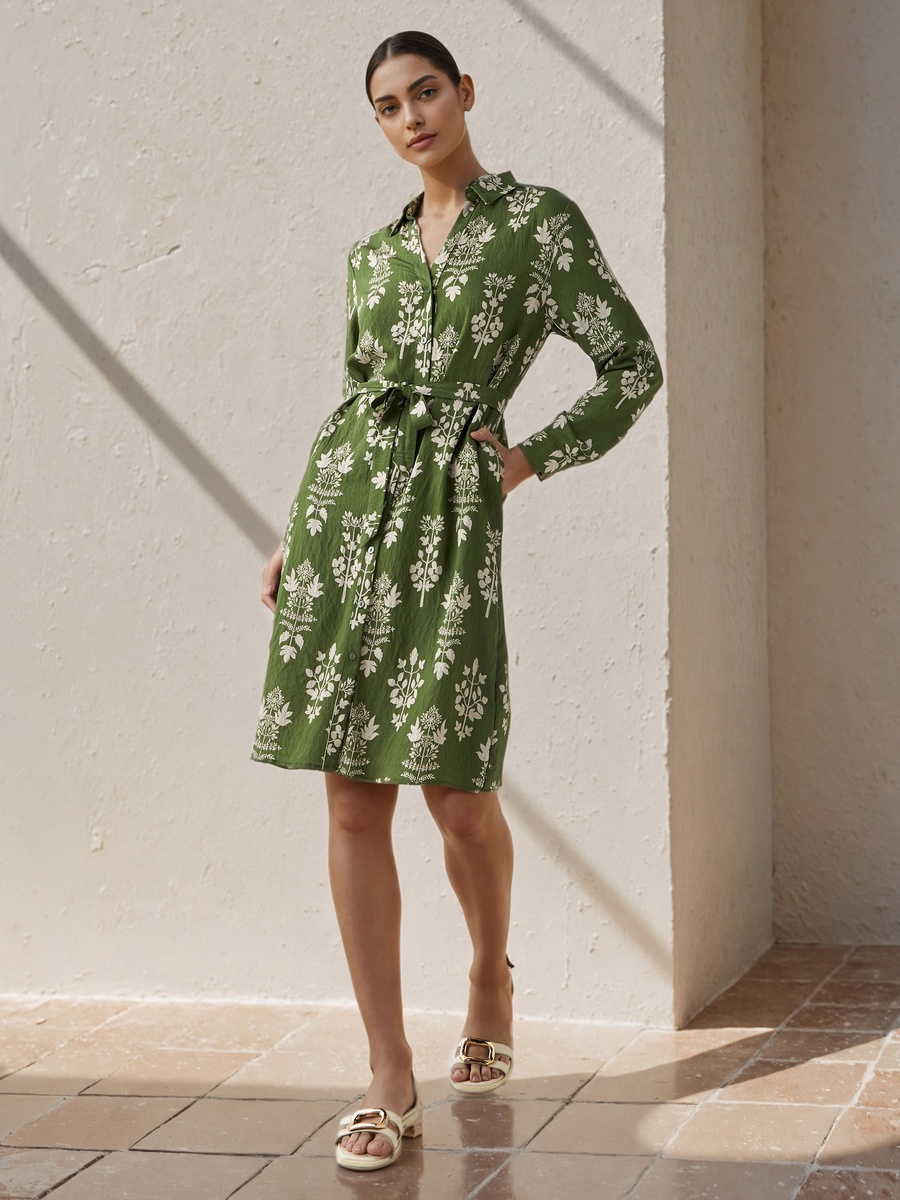 Knee Length Shirt Belted Dress with Floral Print