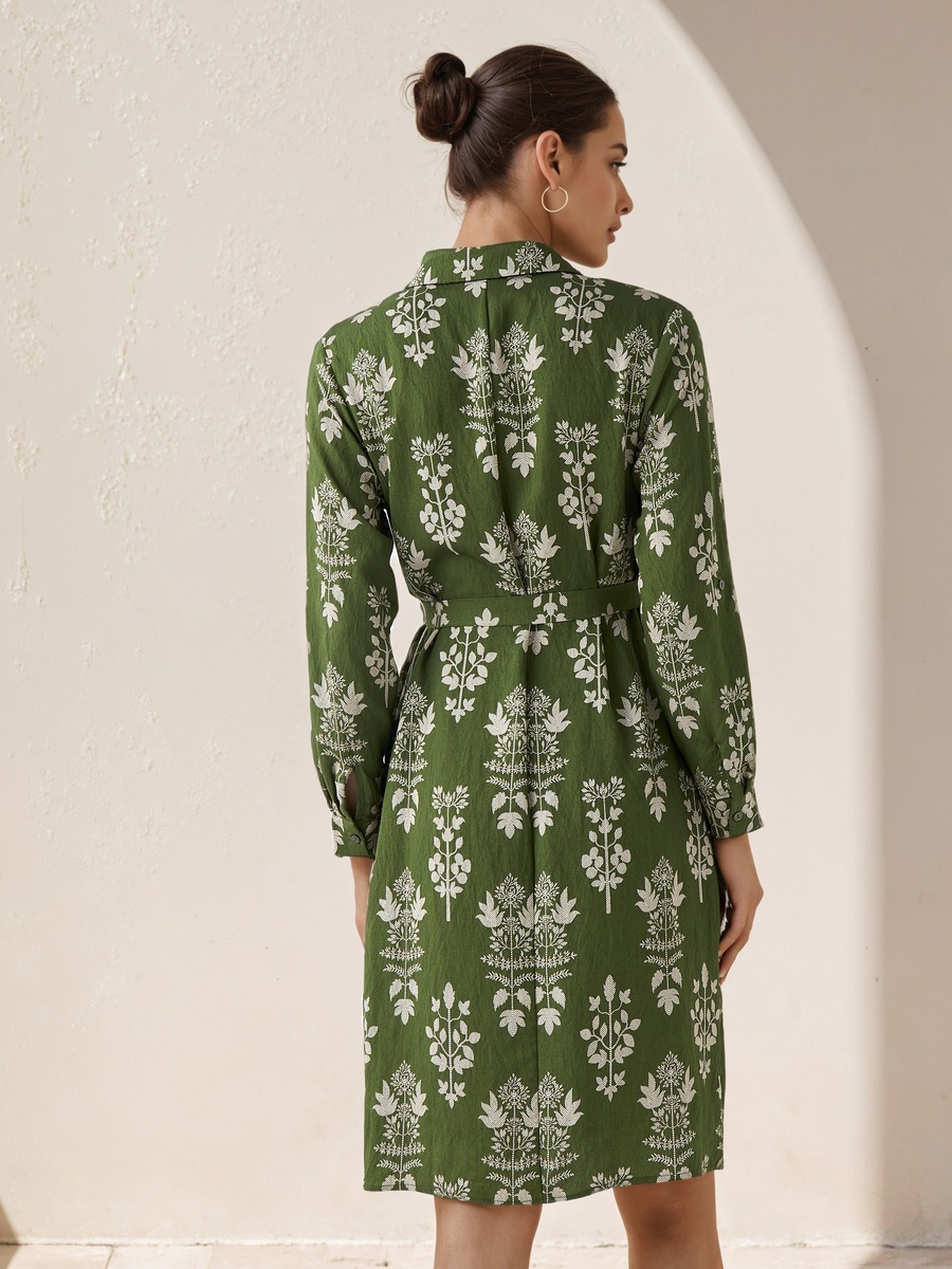 Knee Length Shirt Belted Dress with Floral Print