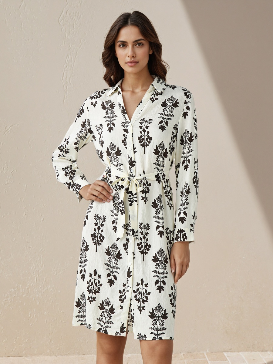 Knee Length Shirt Belted Dress with Floral Print