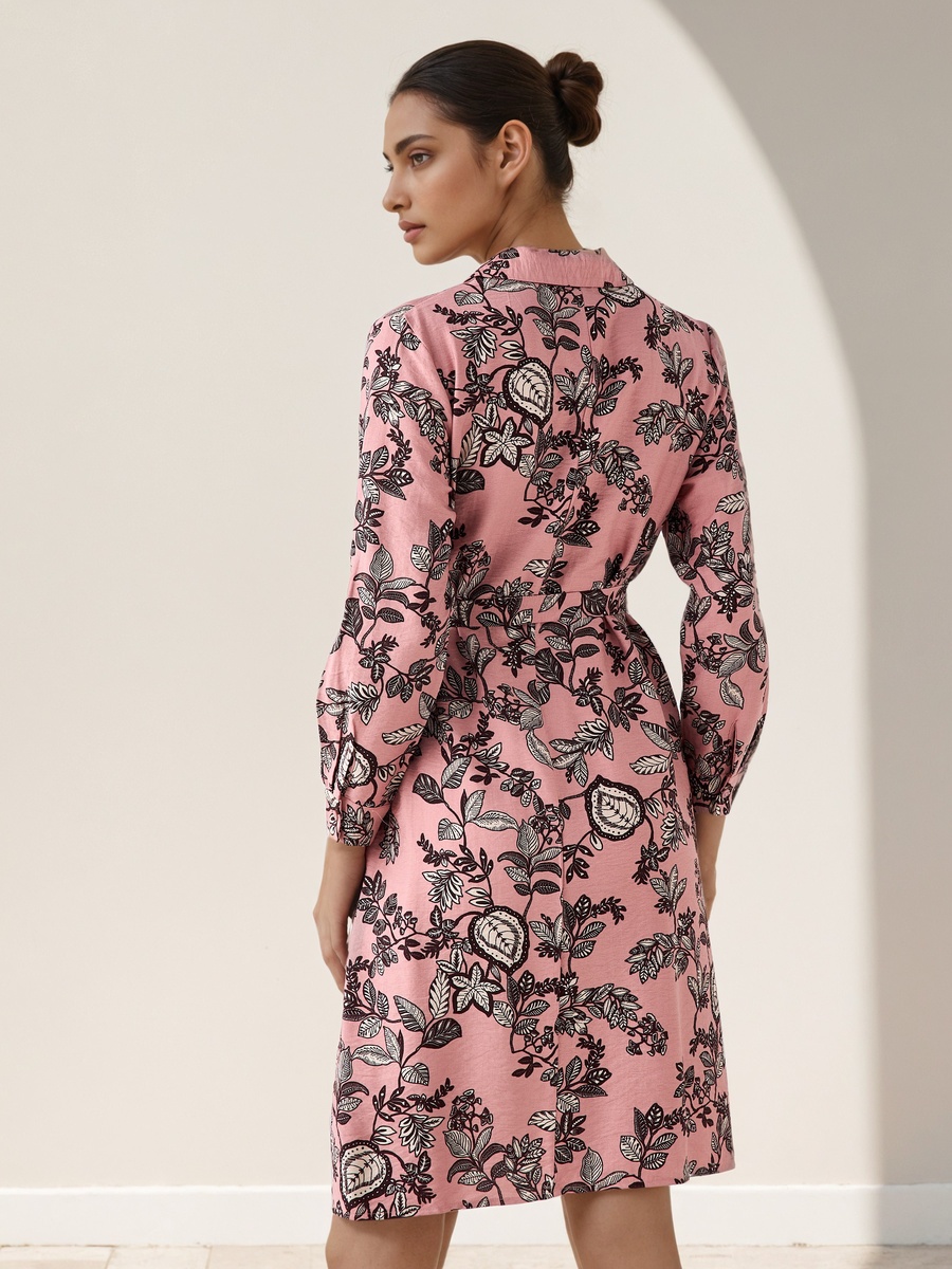 Knee Length Shirt Belted Dress with Floral Print