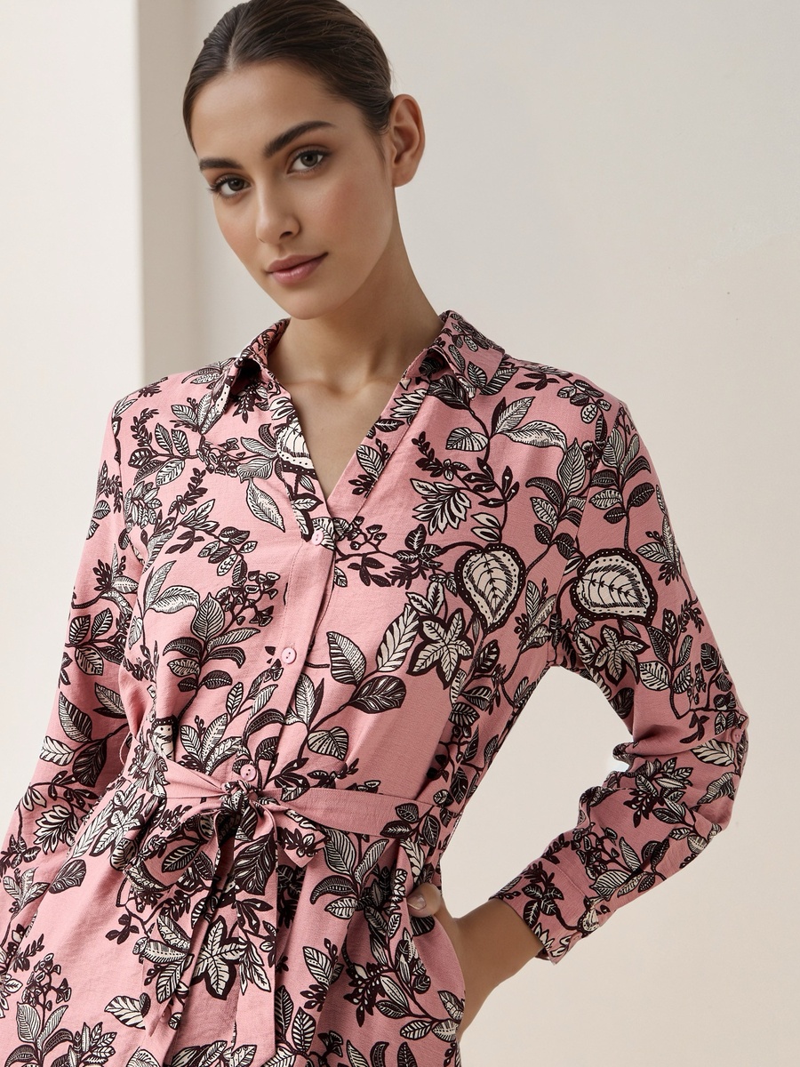 Knee Length Shirt Belted Dress with Floral Print