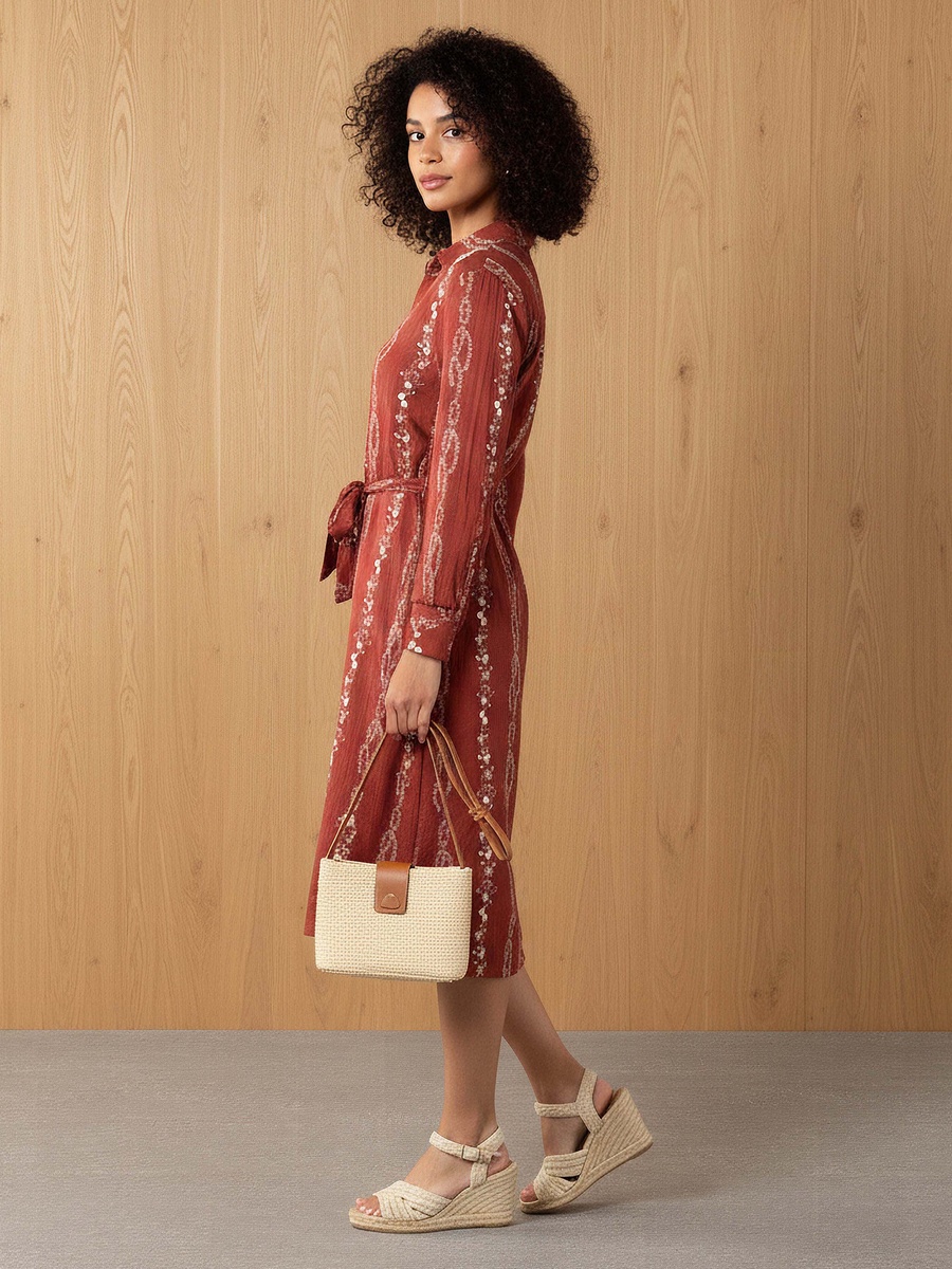 Knee Length Shirt Belted Dress with Floral Embroidery