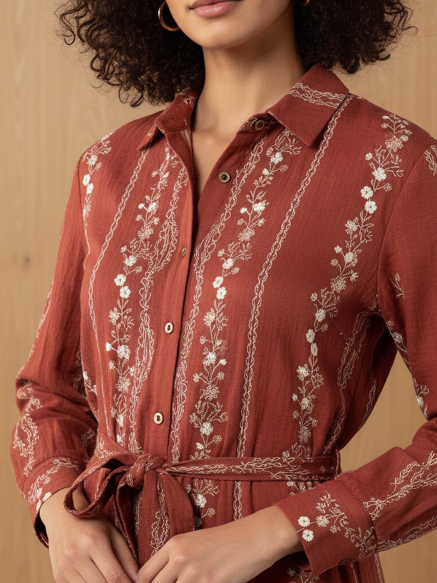 Knee Length Shirt Belted Dress with Floral Embroidery