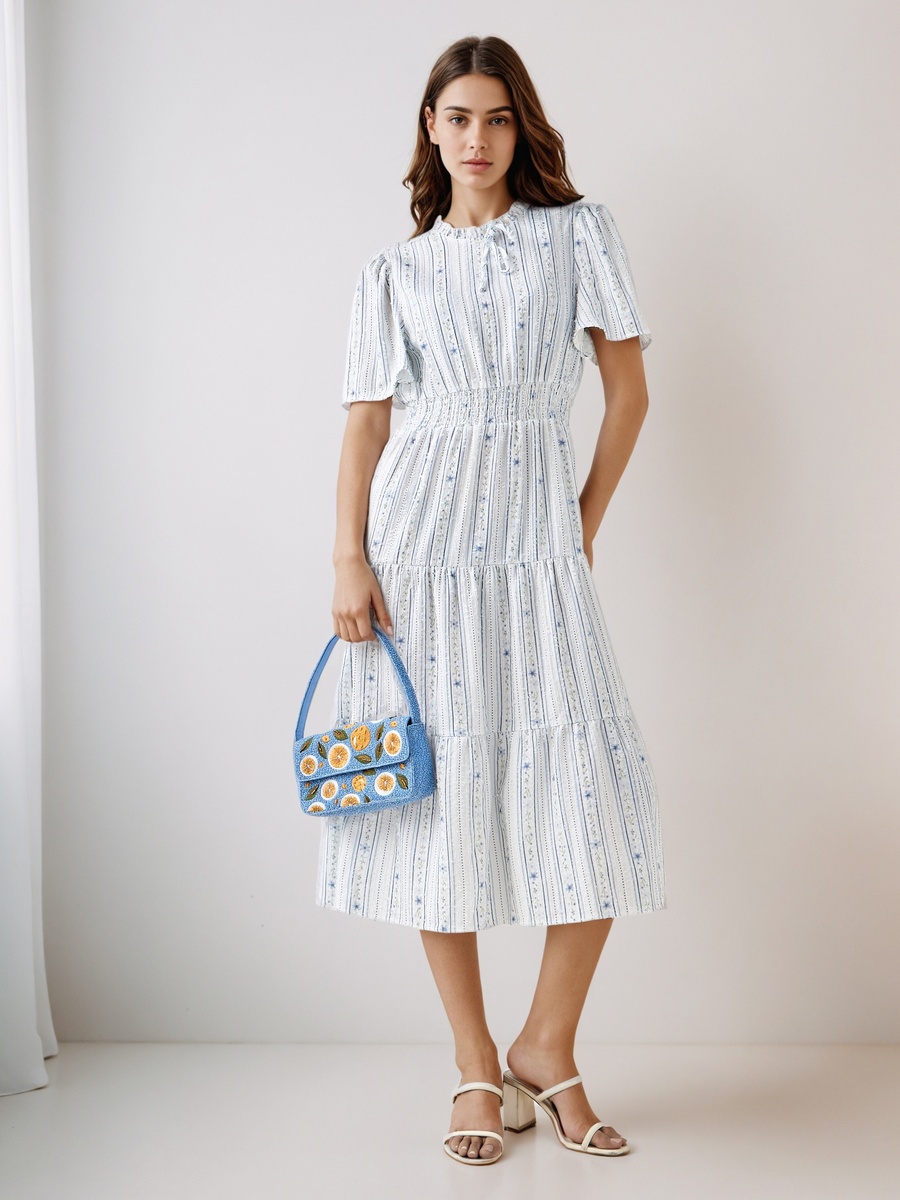 Tiered Midi Viscose Dress with Flutter Sleeves